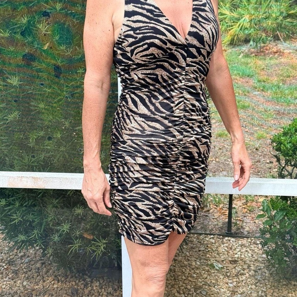 Women's Body Central Tiger Print Ruched Bodycon Dress Crossback Straps Size L